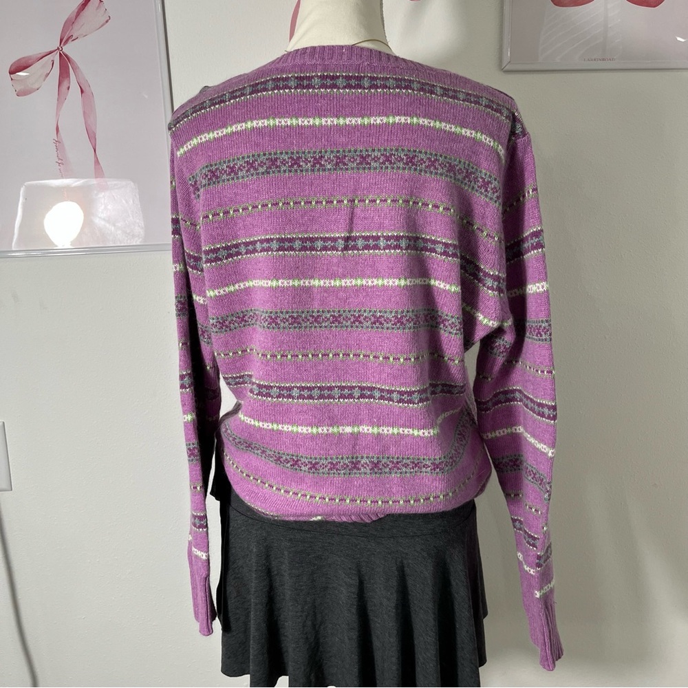 Vintage 90s Lilac Purple Floral Striped Knit V Neck Sweater Womens Size XL - Picture 4 of 5